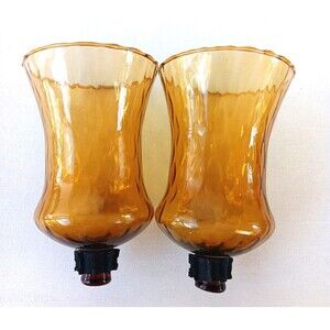 Vintage Home Interiors Honeycomb Amber Glass Peg Votive Candle Holder Pair EUC